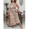 image:imageFloerns Womens Plus Size Boho Sleeveless Halter Neck Tie Back A Line Long DressKhaki Multi