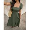 image:imageFloerns Womens Plus Size Cut Out Bowknot Back Midi Dresses Puff Sleeve Slit A Line DressArmy Green