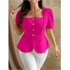 image:imageFloerns Womens Plus Size Elegant Button Down Shirts Puff Sleeve Dressy Casual Blouse TopsHot Pink