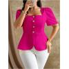 image:imageFloerns Womens Plus Size Elegant Button Down Shirts Puff Sleeve Dressy Casual Blouse TopsHot Pink