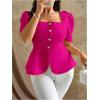 image:imageFloerns Womens Plus Size Elegant Button Down Shirts Puff Sleeve Dressy Casual Blouse TopsHot Pink