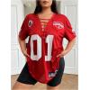 image:imageFloerns Womens Plus Size Number Jersey Shirts V Neck Lace Up Front Streetwear Tee TopsRed