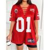 image:imageFloerns Womens Plus Size Number Jersey Shirts V Neck Lace Up Front Streetwear Tee TopsRed
