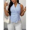 image:imageFloerns Womens Plus Size Striped Blouse Wrap Front Asymmetrical Back Dressy Casual OutfitBlue and White