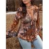 image:imageFloerns Womens Plus Size Tie Front Blouse Top Flare Long Sleeve Mesh Ruffle Peplum TopBrown