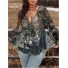 image:imageFloerns Womens Plus Size Tie Front Blouse Top Flare Long Sleeve Mesh Ruffle Peplum TopOlive Green