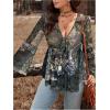 image:imageFloerns Womens Plus Size Tie Front Blouse Top Flare Long Sleeve Mesh Ruffle Peplum TopOlive Green