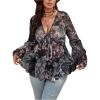 image:imageFloerns Womens Plus Size Tie Front Blouse Top Flare Long Sleeve Mesh Ruffle Peplum TopGrey