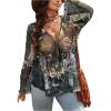 image:imageFloerns Womens Plus Size Tie Front Blouse Top Flare Long Sleeve Mesh Ruffle Peplum TopOlive Green