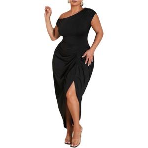 image:imageFloerns Womens Plus Size Asymmetrical Neck Long Dress Ruched Slit Hem Cocktail DressBlack