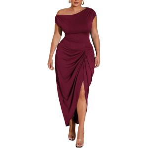 image:imageFloerns Womens Plus Size Asymmetrical Neck Long Dress Ruched Slit Hem Cocktail DressBurgundy