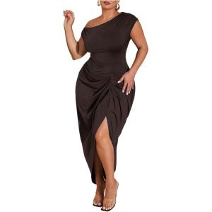 image:imageFloerns Womens Plus Size Asymmetrical Neck Long Dress Ruched Slit Hem Cocktail DressCoffee Brown