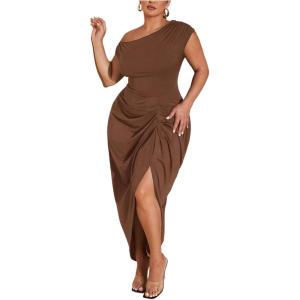 image:imageFloerns Womens Plus Size Asymmetrical Neck Long Dress Ruched Slit Hem Cocktail DressDark Brown