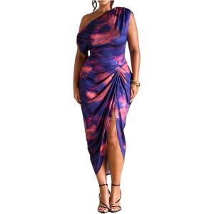 image:imageFloerns Womens Plus Size Asymmetrical Neck Long Dress Ruched Slit Hem Cocktail DressDark Purple