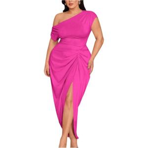 image:imageFloerns Womens Plus Size Asymmetrical Neck Long Dress Ruched Slit Hem Cocktail DressHot Pink