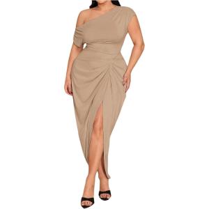 image:imageFloerns Womens Plus Size Asymmetrical Neck Long Dress Ruched Slit Hem Cocktail DressKhaki