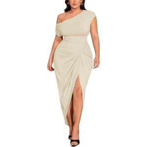 image:imageFloerns Womens Plus Size Asymmetrical Neck Long Dress Ruched Slit Hem Cocktail DressPure Apricot