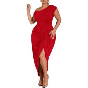 image:imageFloerns Womens Plus Size Asymmetrical Neck Long Dress Ruched Slit Hem Cocktail DressRed