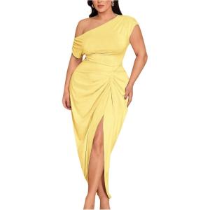 image:imageFloerns Womens Plus Size Asymmetrical Neck Long Dress Ruched Slit Hem Cocktail DressYellow
