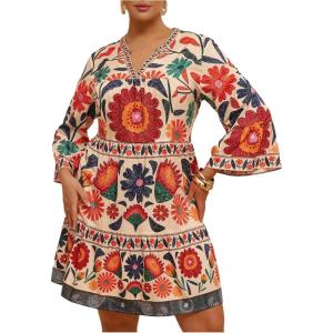image:imageFloerns Womens Plus Size Boho Notch Neck Flowy Dress 34 Sleeve Ruffle Short DressesFloral Multi