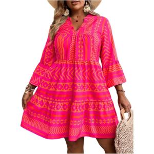 image:imageFloerns Womens Plus Size Boho Notch Neck Flowy Dress 34 Sleeve Ruffle Short DressesHot Pink