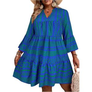 image:imageFloerns Womens Plus Size Boho Notch Neck Flowy Dress 34 Sleeve Ruffle Short DressesRoyal Blue