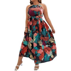 image:imageFloerns Womens Plus Size Boho Sleeveless Halter Neck Tie Back A Line Long DressBlack Multi