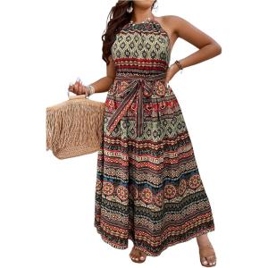 image:imageFloerns Womens Plus Size Boho Sleeveless Halter Neck Tie Back A Line Long DressGreen Multi