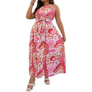 image:imageFloerns Womens Plus Size Boho Sleeveless Halter Neck Tie Back A Line Long DressLight Pink