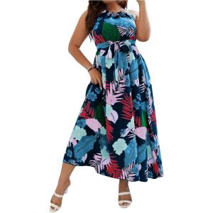 image:imageFloerns Womens Plus Size Boho Sleeveless Halter Neck Tie Back A Line Long DressNavy Blue Floral