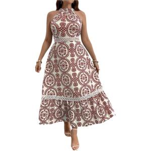 image:imageFloerns Womens Plus Size Boho Sleeveless Halter Neck Tie Back A Line Long DressRed