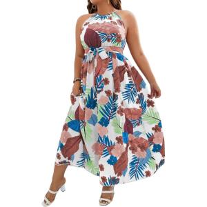 image:imageFloerns Womens Plus Size Boho Sleeveless Halter Neck Tie Back A Line Long DressWhite Brown Floral