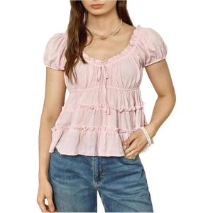 image:imageFloerns Womens Plus Size Bow Cap Sleeve T Shirts Frill Trim V Neck Babydoll Cute TopsLight Pink
