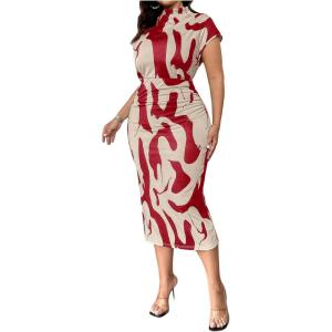 image:imageFloerns Womens Plus Size Cap Sleeve Midi Dress Mock Neck Office Business Casual Bodycon DressesRed Multi