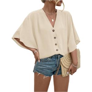 image:imageFloerns Womens Plus Size Casual Button Down Shirts V Neck Dolman Sleeve Loose BlousesApricot