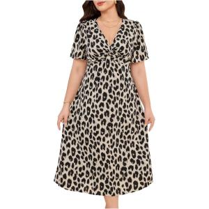 image:imageFloerns Womens Plus Size Cheetah Midi Dress Twist Front V Neck Short Sleeve A Line DressesGrey