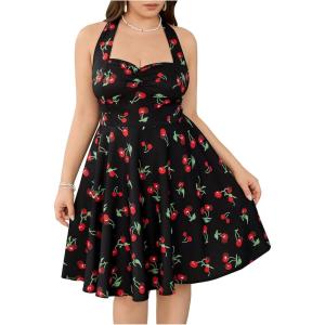 image:imageFloerns Womens Plus Size Cherry Print Halter Dress Ruched Bust Vintage A Line DressesBlack
