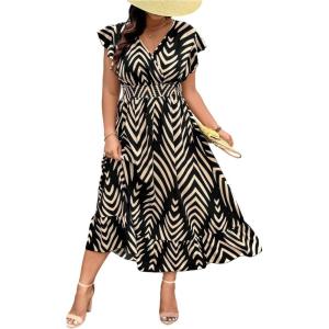 image:imageFloerns Womens Plus Size Chevron Striped Wrap V Neck Long Dress Cap Sleeve Ruffle Hem A Line DressesBlack