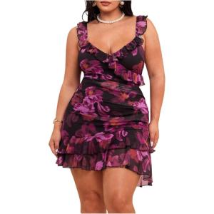 image:imageFloerns Womens Plus Size Coquette Floral Mesh Cami Dress Sleeveless Layered Ruffle Mini DressesPurple Ruffle