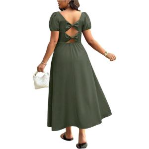 image:imageFloerns Womens Plus Size Cut Out Bowknot Back Midi Dresses Puff Sleeve Slit A Line DressArmy Green
