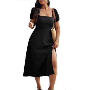 image:imageFloerns Womens Plus Size Cut Out Bowknot Back Midi Dresses Puff Sleeve Slit A Line DressBlack