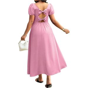 image:imageFloerns Womens Plus Size Cut Out Bowknot Back Midi Dresses Puff Sleeve Slit A Line DressPink