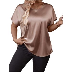 image:imageFloerns Womens Plus Size Dolman Short Sleeve Round Neck Satin Blouse TopChampagne