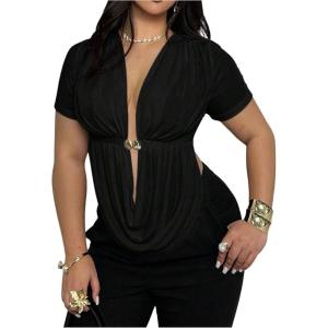 image:imageFloerns Womens Plus Size Draped Deep V Neck T Shirts Short Sleeve Sheer Going Out TopBlack