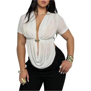 image:imageFloerns Womens Plus Size Draped Deep V Neck T Shirts Short Sleeve Sheer Going Out TopWhite