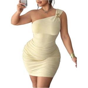 image:imageFloerns Womens Plus Size Elegant Floral One Shoulder Dresses Ruched Sleeveless Bodycon Mini DressApricot