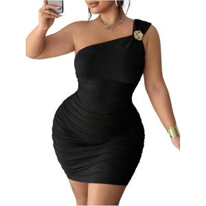 image:imageFloerns Womens Plus Size Elegant Floral One Shoulder Dresses Ruched Sleeveless Bodycon Mini DressBlack