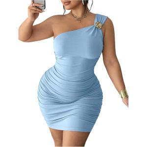 image:imageFloerns Womens Plus Size Elegant Floral One Shoulder Dresses Ruched Sleeveless Bodycon Mini DressLight Blue
