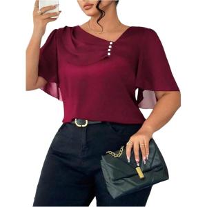 image:imageFloerns Womens Plus Size Elegant Short Sleeve Blouse Tops Asymmetrical Neck Dressy Casual ShirtsBurgundy