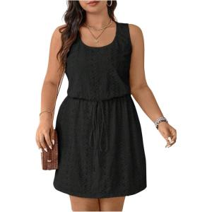 image:imageFloerns Womens Plus Size Eyelet Embroidered Tank Dress Scoop Neck Short Belted DressesBlack